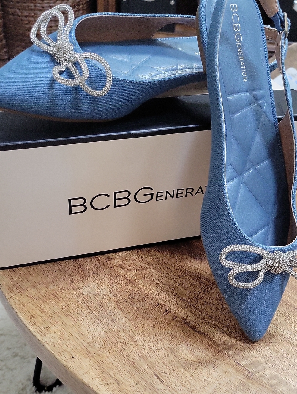 BCBGeneration Blue Pointed-Toe Slingback Flats with Crystal Bow Accent